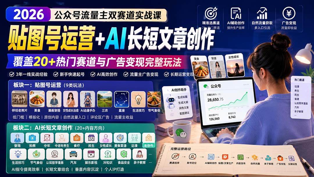 (20153期)公众号流量主双赛道实战课:贴图号运营+AI长短文章创作,覆盖20+热门赛道与广告变现完整玩法-泰戈创艺资源库