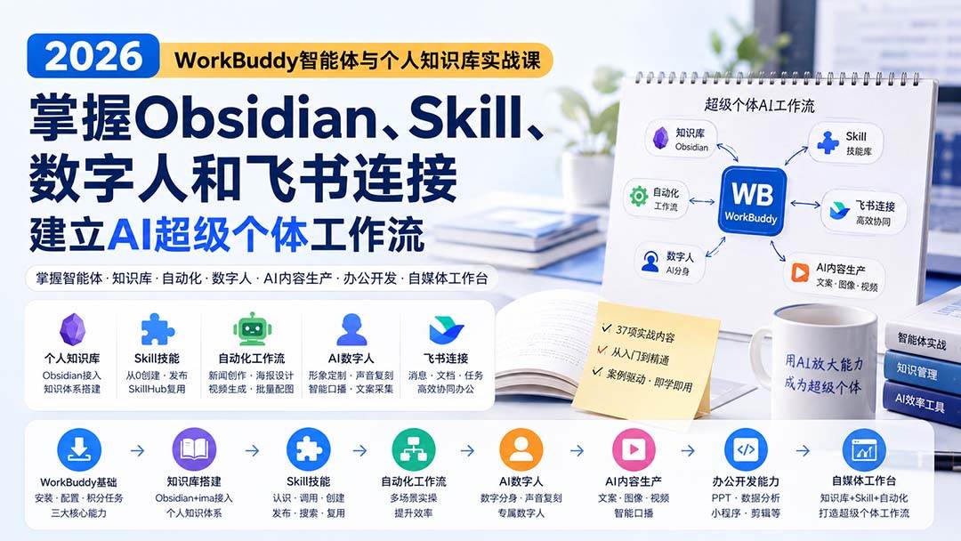 (20169期)2026 WorkBuddy智能体与个人知识库实战课:掌握Obsidian、Skill、数字人和飞书连接,建立AI超级个体工作流-泰戈创艺资源库