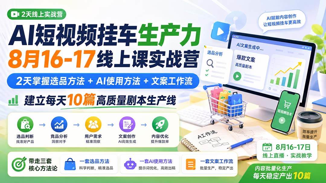 (20174期)AI短视频挂车生产力8月16-17线上课实战营:2天掌握选品方法+AI使用方法+文案工作流,建立每天10篇高质量剧本生产线-泰戈创艺资源库