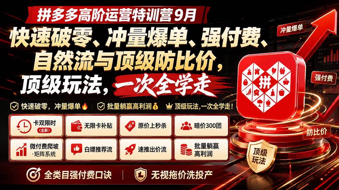 （20155期）拼多多高阶运营特训营9月：快速破零、冲量爆单、强付费、自然流与顶级防比价， 顶级玩法，一次全学走-泰戈创艺资源库
