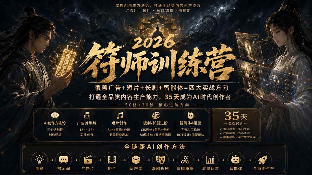 (20179期)符师训练营-35天成为AI时代创作者,广告+短片+漫剧+智能体四大实战方向,掌握从创意到上线的完整工作流-泰戈创艺资源库