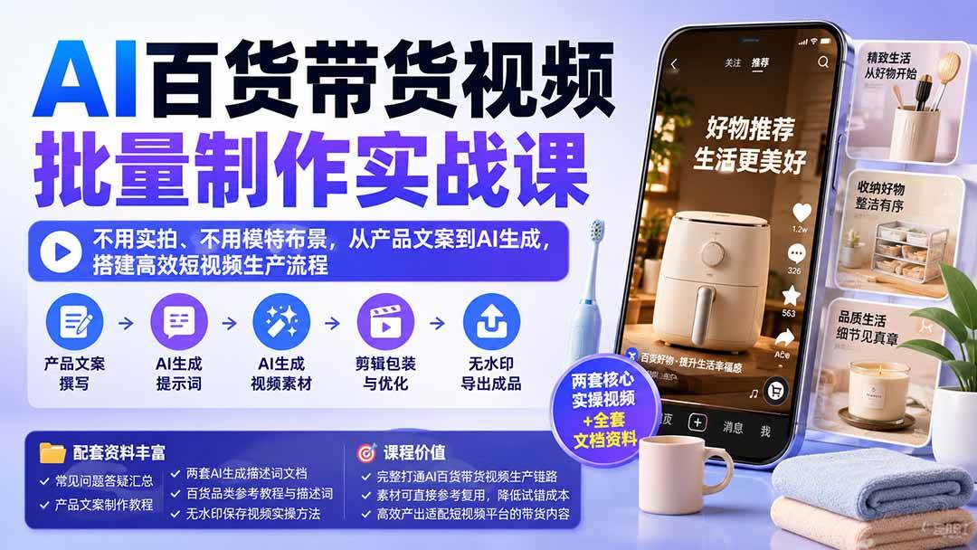 （20179期）AI百货带货视频批量制作实战课：不用实拍、不用模特布景，从产品文案到AI生成，搭建高效短视频生产流程-泰戈创艺资源库