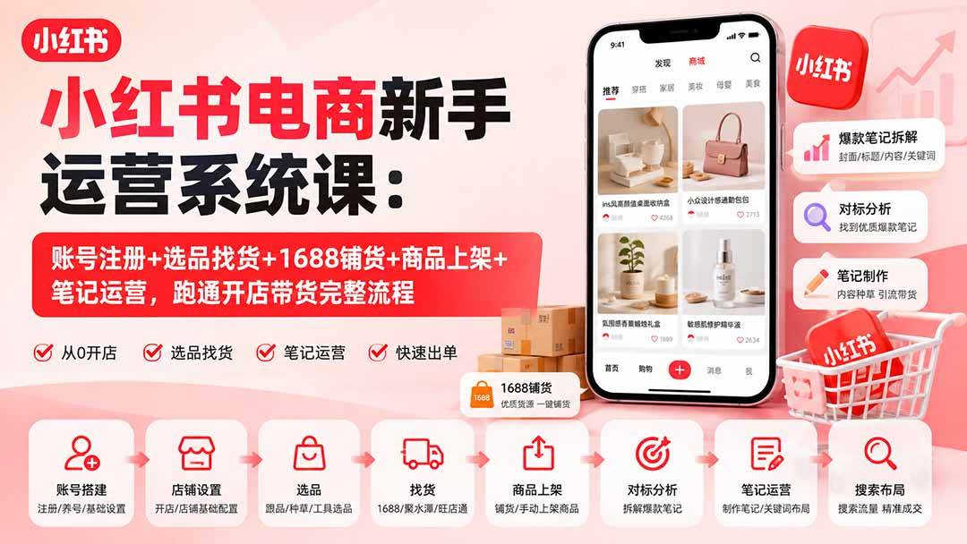 (20319期)小红书电商新手运营系统课:账号注册+选品找货+1688铺货+商品上架+笔记运营,跑通开店带货完整流程-泰戈创艺资源库