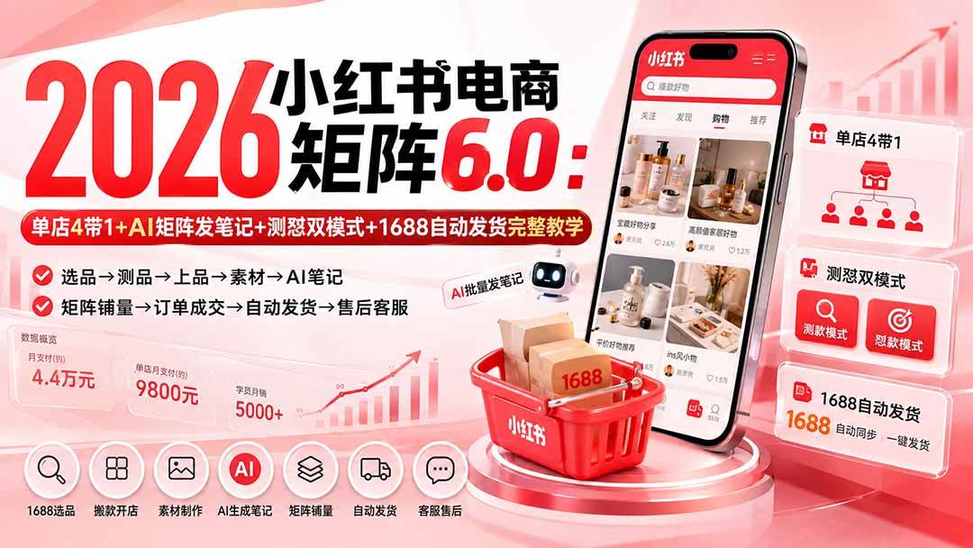 （20310期）2026小红书电商矩阵6.0：单店4带1+AI矩阵发笔记+测怼双模式+1688自动发货完整教学-泰戈创艺资源库