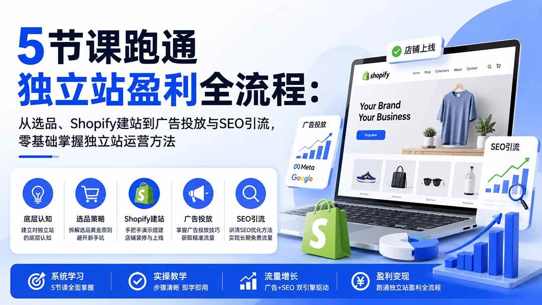 （20316期）5节课跑通独立站盈利全流程：从选品、Shopify建站到广告投放与SEO引流，零基础掌握独立站运营方法-泰戈创艺资源库