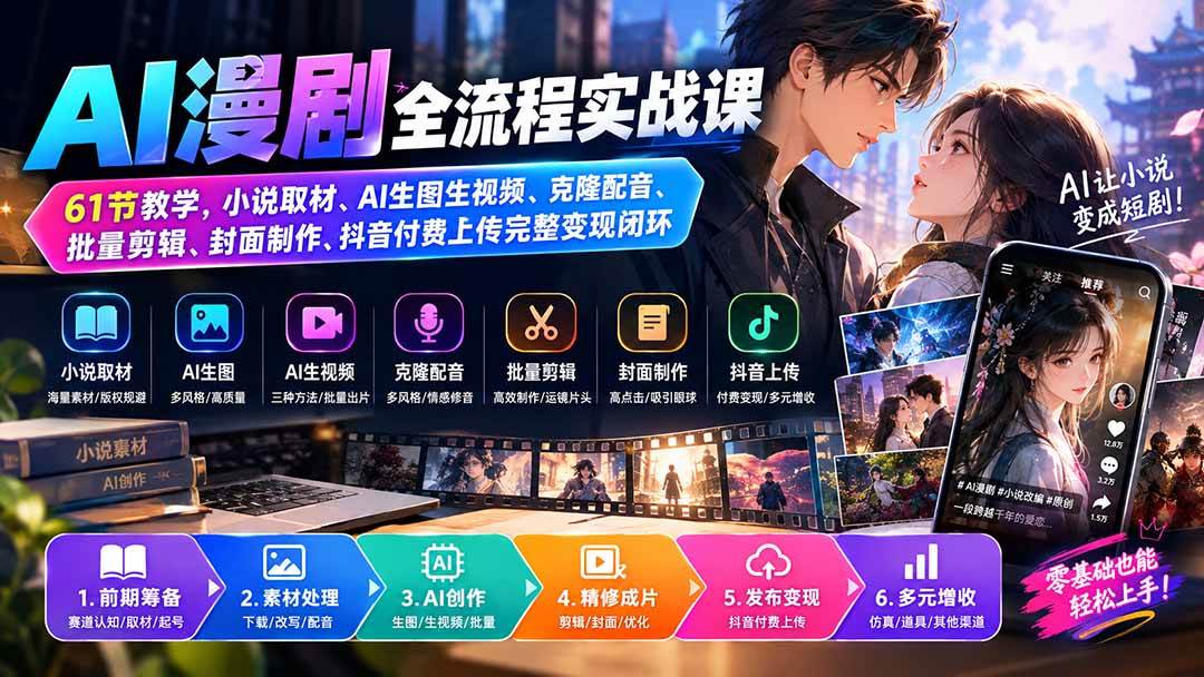 （20199期）AI漫剧全流程实战课｜61节教学，小说取材、AI生图生视频、克隆配音、批量剪辑、封面制作、抖音付费上传完整变现闭环-泰戈创艺资源库