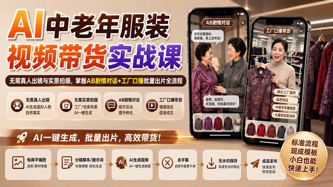（20198期）AI中老年服装视频带货实战课：无需真人出镜与实景拍摄，掌握AB剧情对话+工厂口播批量出片全流程-泰戈创艺资源库