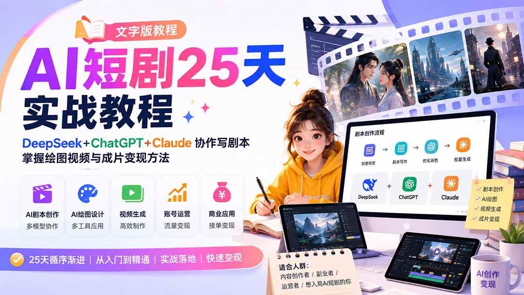 (20225期)AI短剧25天实战教程(文字版教程):DeepSeek+ChatGPT+Claude协作写剧本,掌握绘图视频与成片变现方法-泰戈创艺资源库