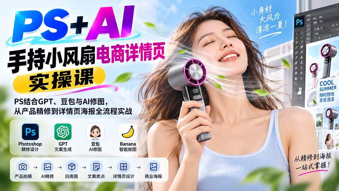 （20273期）PS+AI手持小风扇电商详情页实操课：PS结合GPT、豆包与AI修图，从产品精修到详情页海报全流程实战-泰戈创艺资源库