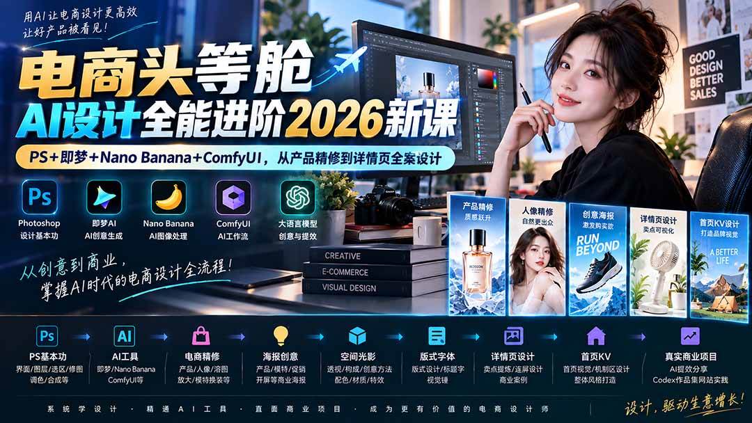 (20284期)电商头等舱AI设计全能进阶2026新课:PS+即梦+Nano Banana+ComfyUI,从产品精修到详情页全案设计-泰戈创艺资源库