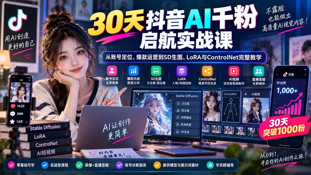 （20291期）30天抖音AI千粉启航实战课：从账号定位、爆款运营到SD生图、LoRA与ControlNet完整教学-泰戈创艺资源库