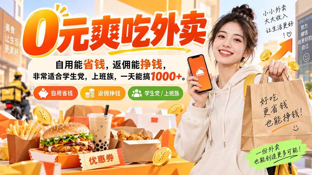 (20309期)0元爽吃外卖,自用能省钱,返佣能挣钱,非常适合学生党,上班族,一天能搞1000+-泰戈创艺资源库