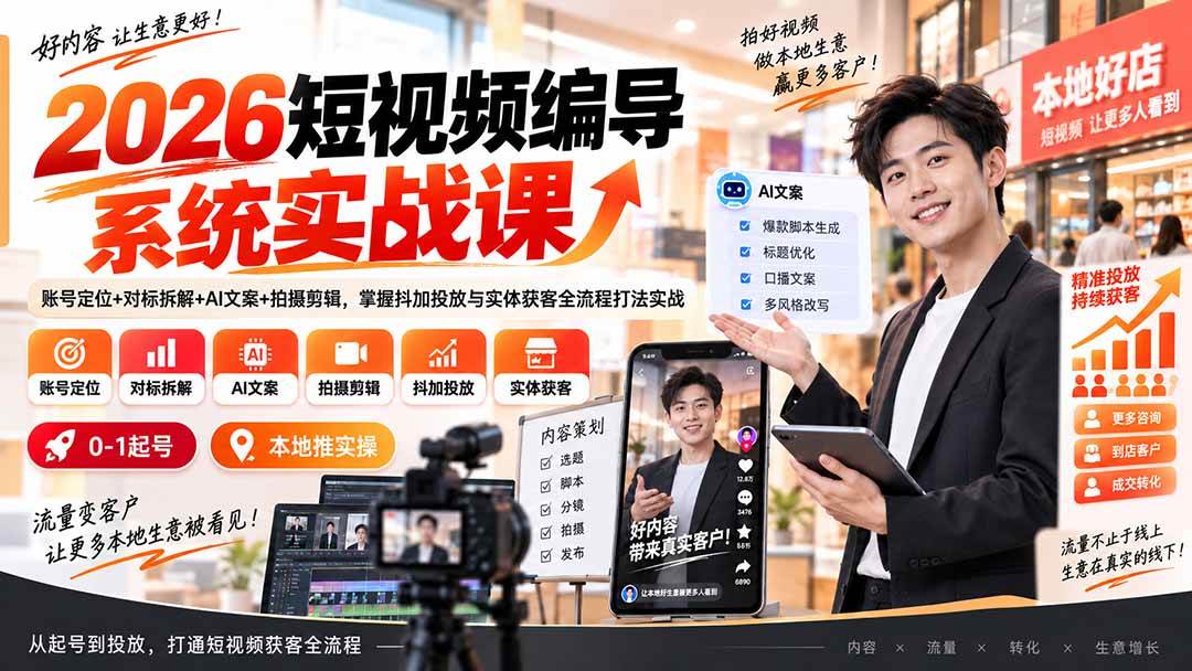 (20305期)2026短视频编导系统实战课:账号定位+对标拆解+AI文案+拍摄剪辑,掌握抖加投放与实体获客全流程打法实战-泰戈创艺资源库
