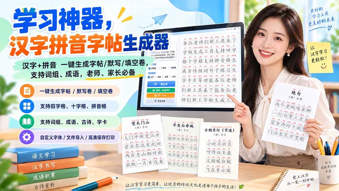 (20299期)学习神器,汉字拼音字帖生成器,汉字+拼音 一键生成字帖/默写/填空卷,支持词组、成语,老师、家长必备-泰戈创艺资源库