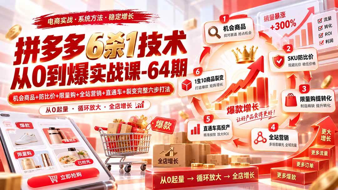 (20315期)拼多多6杀1技术从0到爆实战课-64期:机会商品+防比价+限量购+全站营销+直通车+裂变完整六步打法-泰戈创艺资源库