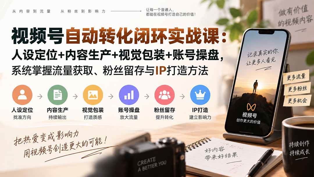 (20327期)视频号自动转化闭环实战课:人设定位+内容生产+视觉包装+账号操盘,系统掌握流量获取、粉丝留存与IP打造方法-泰戈创艺资源库
