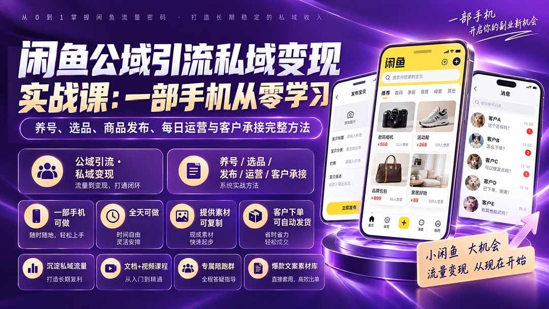 (20322期)闲鱼公域引流私域变现实战课:一部手机从零学习养号、选品、商品发布、每日运营与客户承接完整方法-泰戈创艺资源库