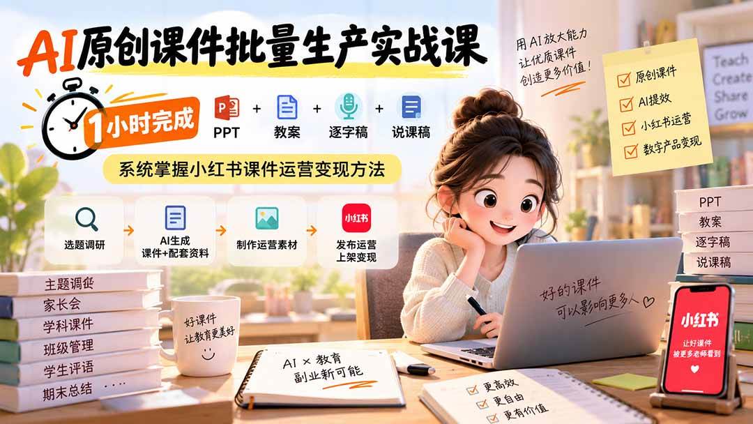 (20351期)AI原创课件批量生产实战课:1小时完成PPT+教案+逐字稿+说课稿,系统掌握小红书课件运营变现方法-泰戈创艺资源库