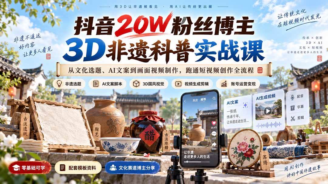 (20356期)抖音20W粉丝博主3D非遗科普实战课:从文化选题、AI文案到画面视频制作,跑通短视频创作全流程-泰戈创艺资源库