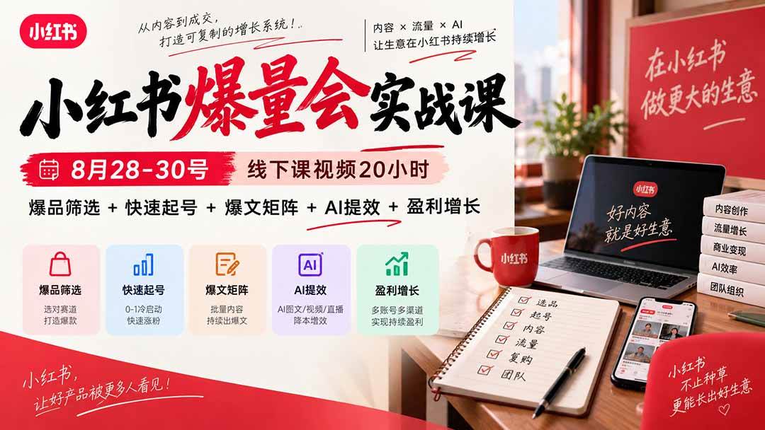 (20359期)小红书爆量会实战课:8月28-30号线下课视频20小时,爆品筛选+快速起号+爆文矩阵+AI提效+盈利增长-泰戈创艺资源库