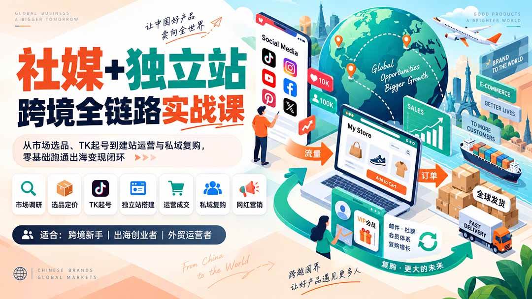 (20361期)社媒+独立站跨境全链路实战课:从市场选品、TK起号到建站运营与私域复购,零基础跑通出海变现闭环-泰戈创艺资源库