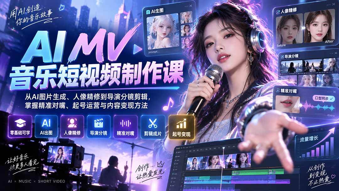 (20364期)AI MV音乐短视频制作课:从AI图片生成、人像精修到导演分镜剪辑,掌握精准对嘴、起号运营与内容变现方法-泰戈创艺资源库