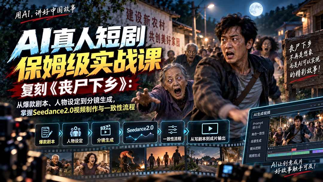 (20360期)AI真人短剧保姆级实战课,复刻《丧尸下乡》:从爆款剧本、人物设定到分镜生成,掌握Seedance2.0视频制作与一致性流程-泰戈创艺资源库