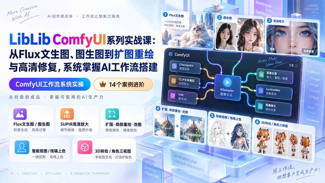 (20368期)LibLib ComfyUI系列实战课:从Flux文生图、图生图到扩图重绘与高清修复,系统掌握AI工作流搭建-泰戈创艺资源库