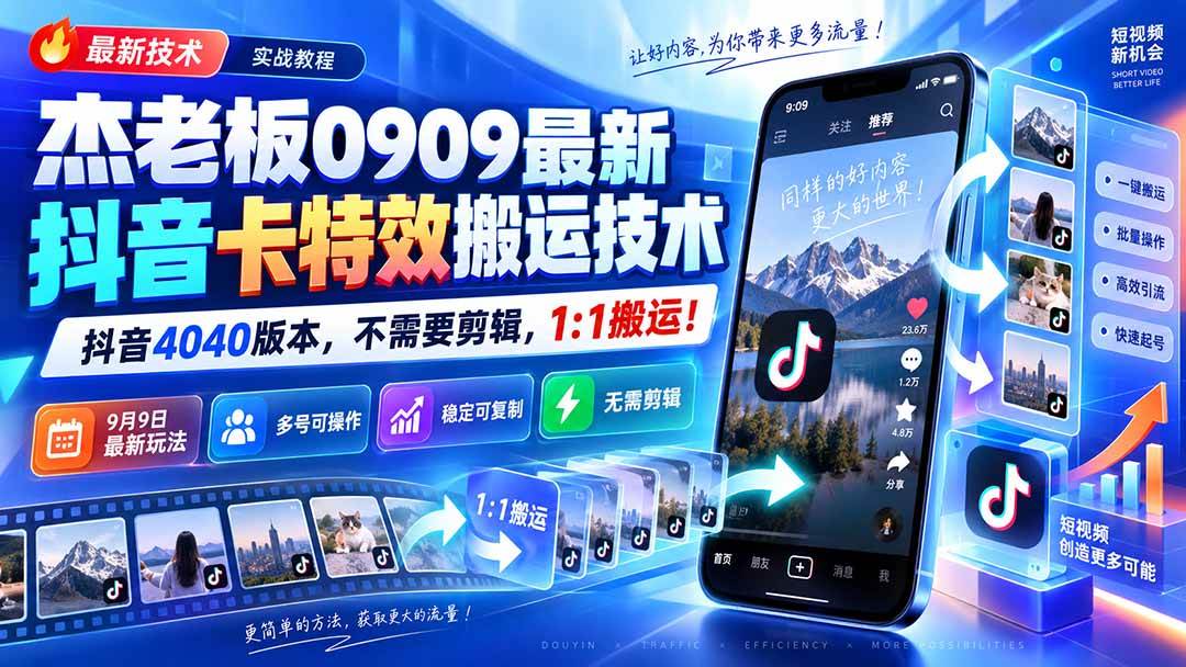 （20369期）杰老板0909最新抖音卡特效搬运技术，抖音4040版本，不需要剪辑，1:1搬运！-泰戈创艺资源库