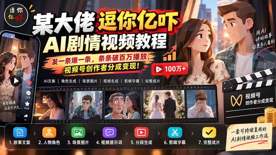 (20388期)某大佬逗你亿吓AI低模剧情视频制作教程:发一条爆一条,条条破百万播放,利用视频号创作者分成变现!-泰戈创艺资源库