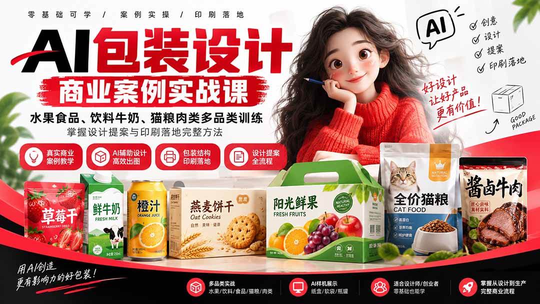 (20387期)AI包装设计商业案例实战课:水果食品、饮料牛奶、猫粮肉类多品类训练,掌握设计提案与印刷落地完整方法-泰戈创艺资源库
