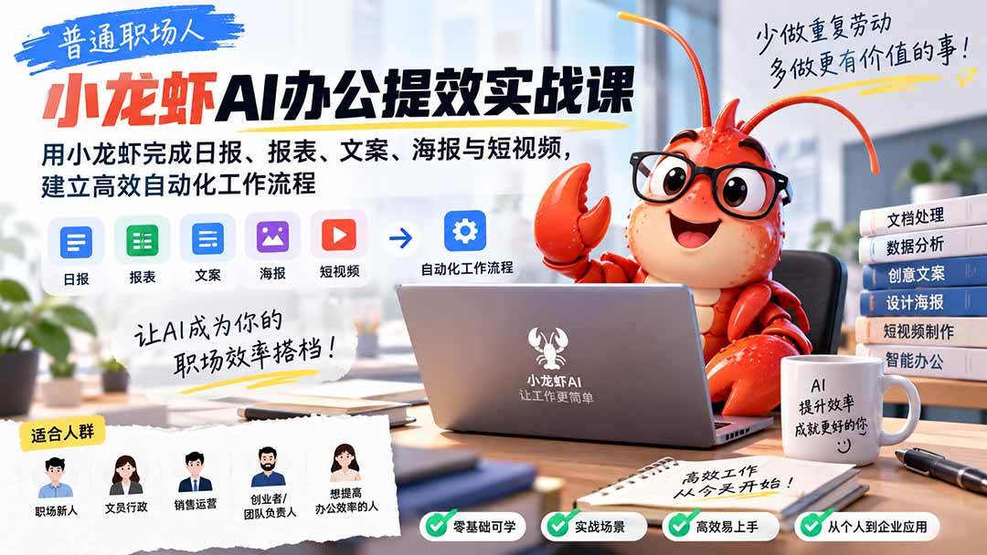 (20379期)普通职场人AI办公提效实战课:用小龙虾完成日报、报表、文案、海报与短视频,建立高效自动化工作流程-泰戈创艺资源库