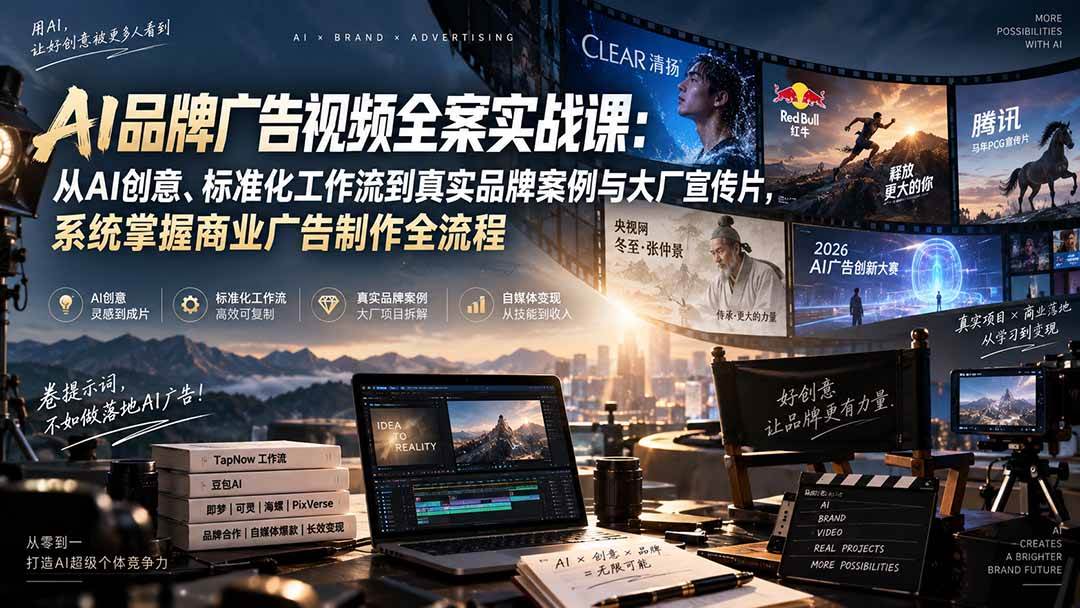 (20394期)AI品牌广告视频全案实战课:从AI创意、标准化工作流到真实品牌案例与大厂宣传片,系统掌握商业广告制作全流程-泰戈创艺资源库