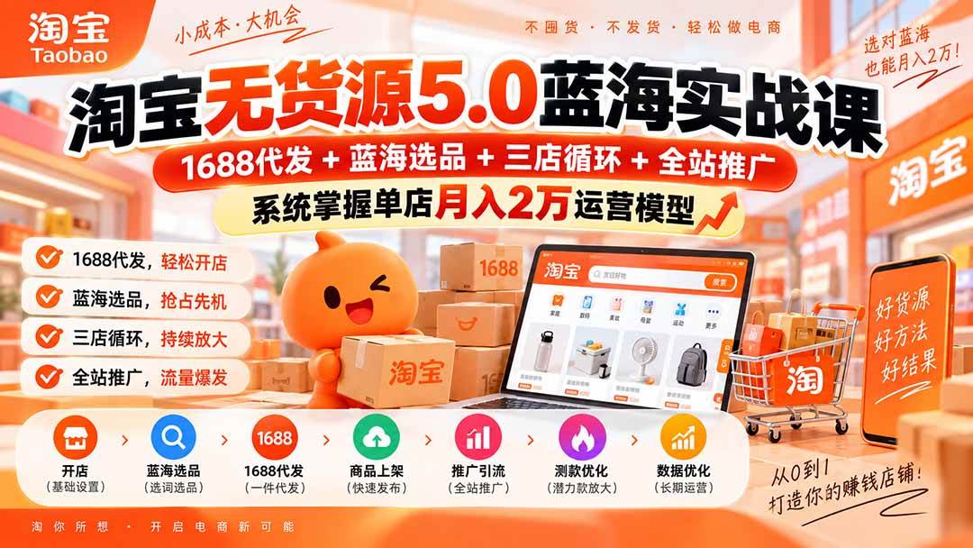 (20397期)淘宝无货源5.0蓝海实战课-更新:1688代发+蓝海选品+三店循环+全站推广,系统掌握单店月入2万运营模型-泰戈创艺资源库