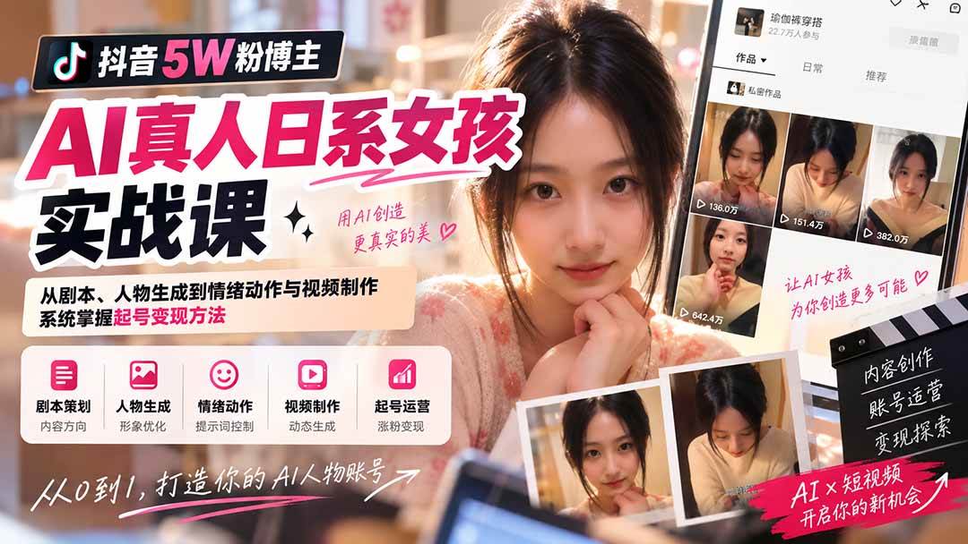 (20387期)抖音5W粉博主AI真人日系女孩实战课:从剧本、人物生成到情绪动作与视频制作,系统掌握起号变现方法-泰戈创艺资源库