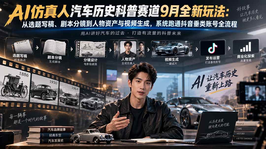 (20413期)AI仿真人汽车历史科普赛道9月全新玩法:从选题写稿、剧本分镜到人物资产与视频生成,系统跑通抖音垂类账号全流程-泰戈创艺资源库