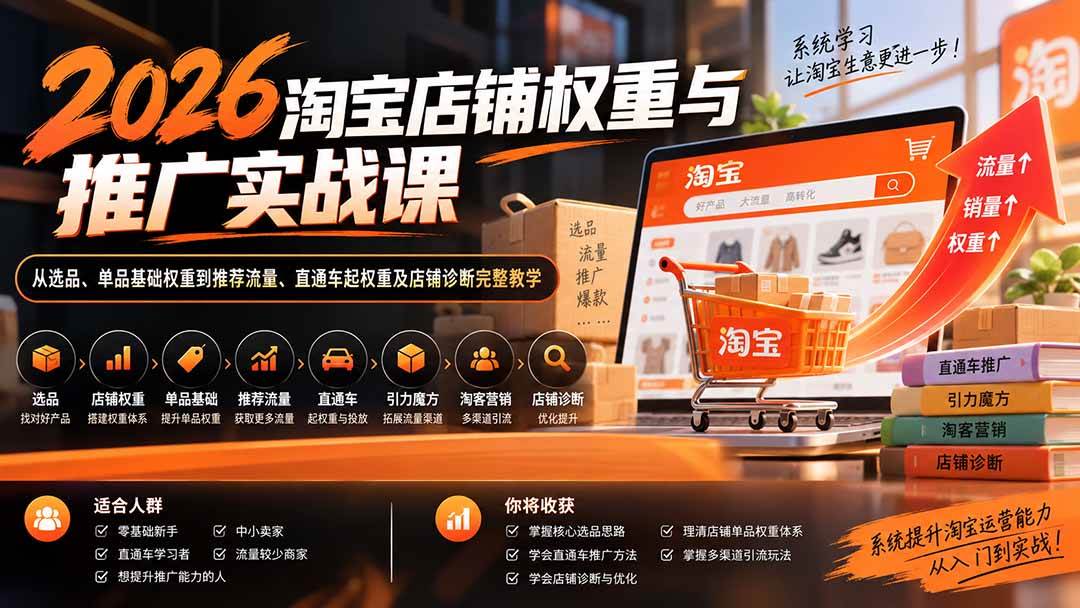 (20411期)2026淘宝店铺权重与推广实战课:从选品、单品基础权重到推荐流量、直通车起权重及店铺诊断完整教学-泰戈创艺资源库