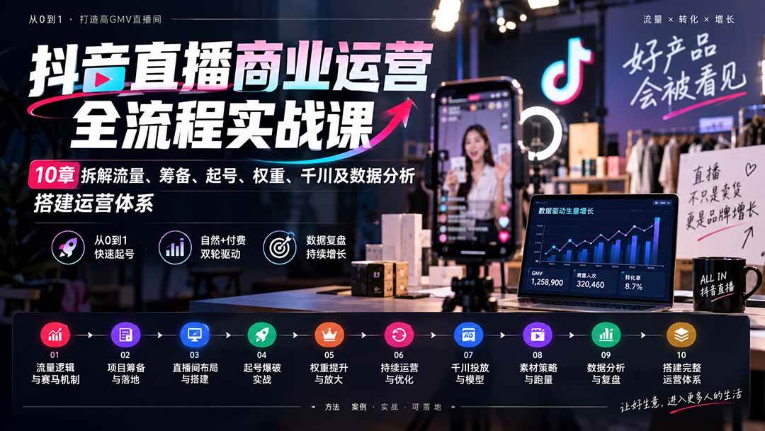 (20407期)抖音直播商业运营全流程实战课:10章拆解流量、筹备、起号、权重、千川及数据分析,搭建运营体系-泰戈创艺资源库