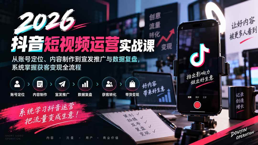(20406期)2026抖音短视频运营实战课:从账号定位、内容制作到宣发推广与数据复盘,系统掌握获客变现全流程-泰戈创艺资源库