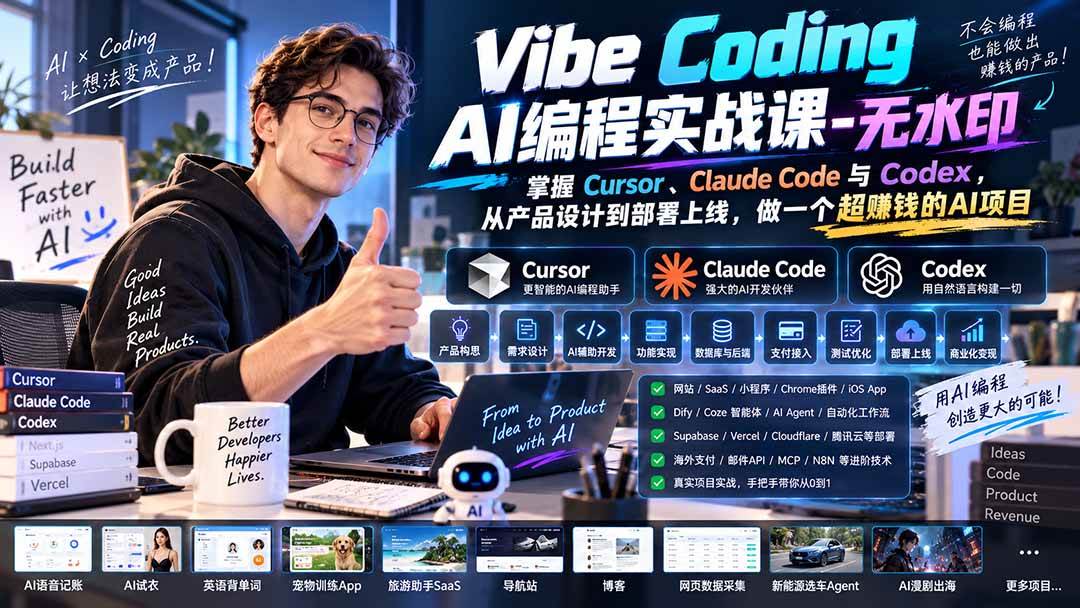（20431期）Vibe Coding AI编程实战课-无水印：掌握Cursor、Claude Code与Codex，从产品设计到部署上线，做一个超赚钱的AI项目-泰戈创艺资源库