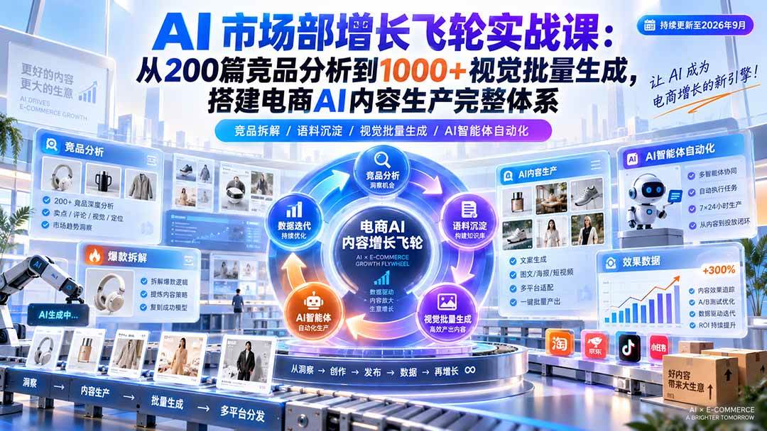 （20436期）AI 市场部增长飞轮实战课：从200篇竞品分析到1000+视觉批量生成，搭建电商AI内容生产完整体系-泰戈创艺资源库