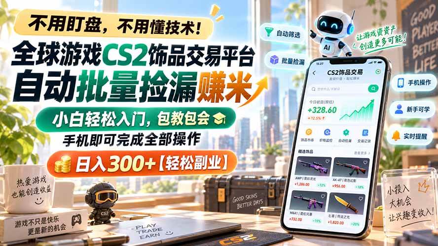 (20454期)全球游戏CS2饰品交易平台自动批量捡漏赚米,小白轻松入门,包教包会,手机即可完成全部操作,日入300+【轻松副业】-泰戈创艺资源库