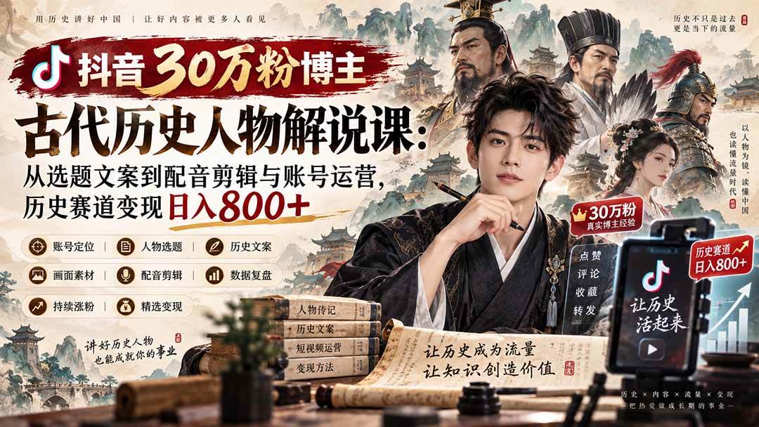 （20441期）抖音30万粉博主古代历史人物解说课：从选题文案到配音剪辑与账号运营，历史赛道变现日入800+-泰戈创艺资源库