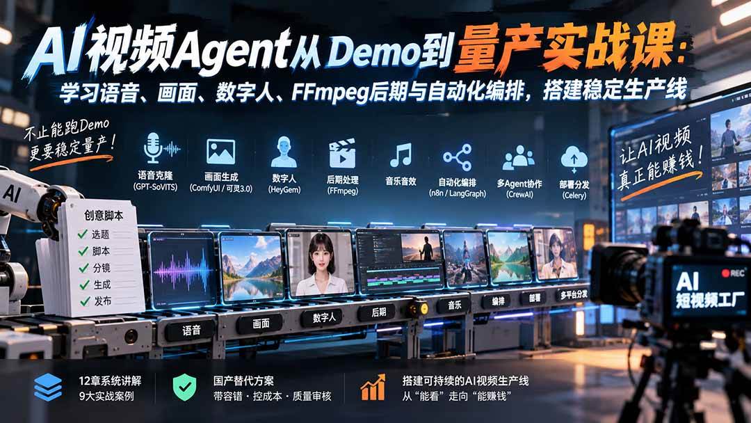 (20451期)AI视频Agent从Demo到量产实战课:学习语音、画面、数字人、FFmpeg后期与自动化编排,搭建稳定生产线-泰戈创艺资源库