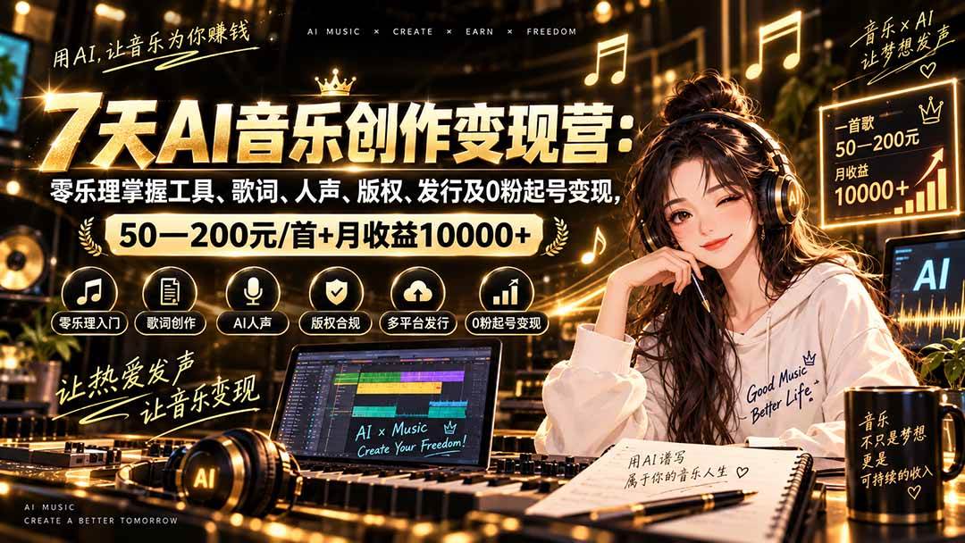 （20442期）AI音乐创作变现营：零乐理掌握工具、歌词、人声、版权、发行及0粉起号变现，50—200元/首+月收益10000+-泰戈创艺资源库