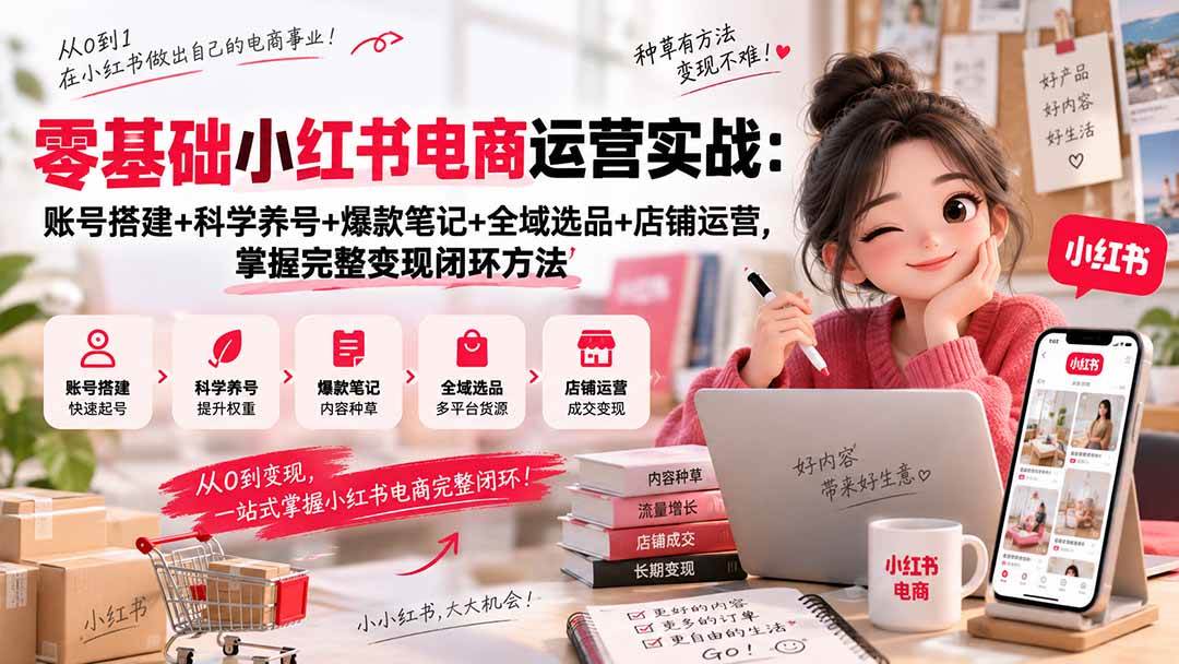 (20467期)零基础小红书电商运营实战:账号搭建+科学养号+爆款笔记+全域选品+店铺运营,掌握完整变现闭环方法-泰戈创艺资源库