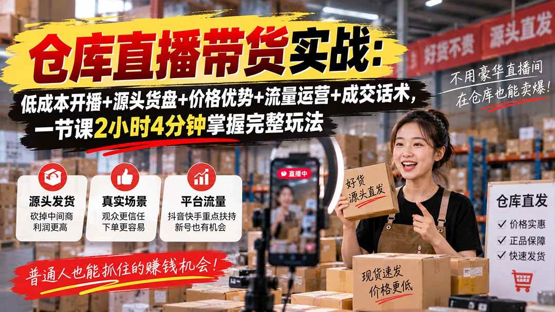 （20471期）仓库直播带货实战：低成本开播+源头货盘+价格优势+流量运营+成交话术，一节课2小时4分钟掌握完整玩法-泰戈创艺资源库