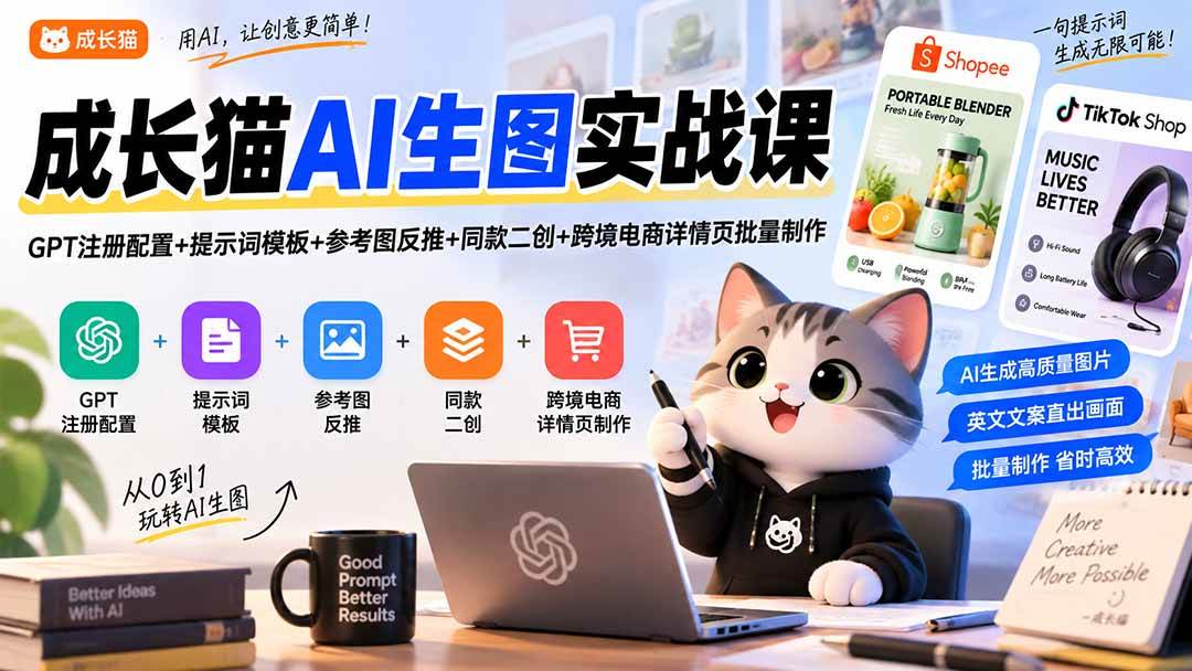 (20482期)成长猫AI生图实战课|GPT注册配置+提示词模板+参考图反推+同款二创+跨境电商详情页批量制作-泰戈创艺资源库