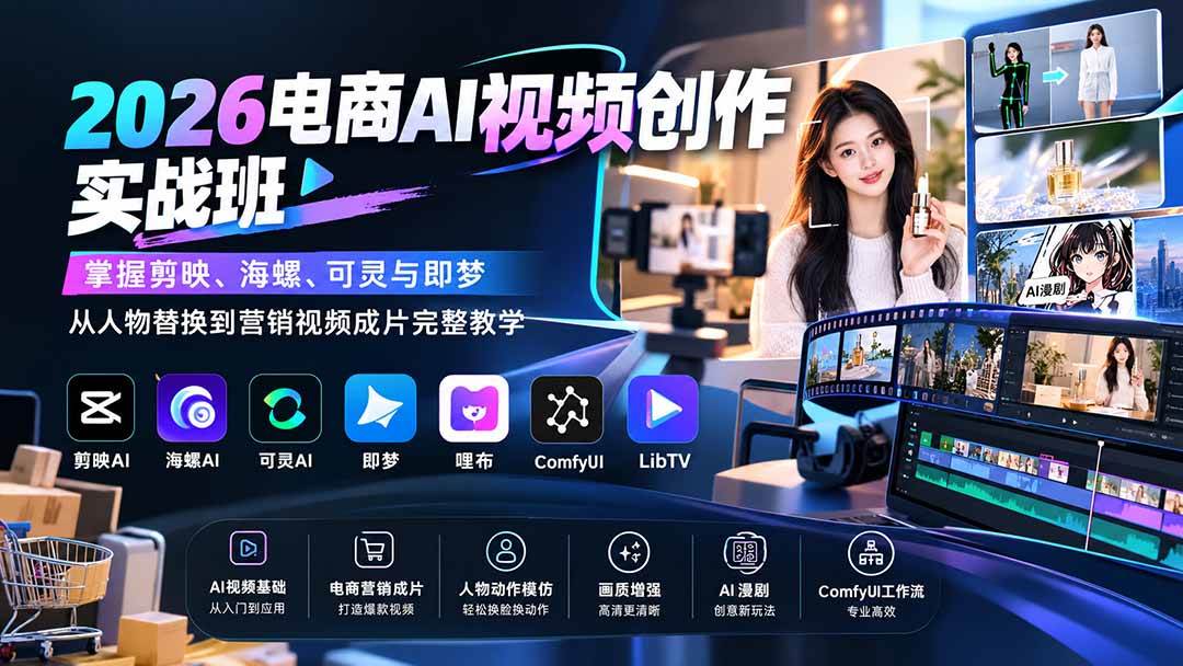 (20466期)2026电商AI视频创作实战班:掌握剪映、海螺、可灵与即梦,从人物替换到营销视频成片完整教学-泰戈创艺资源库
