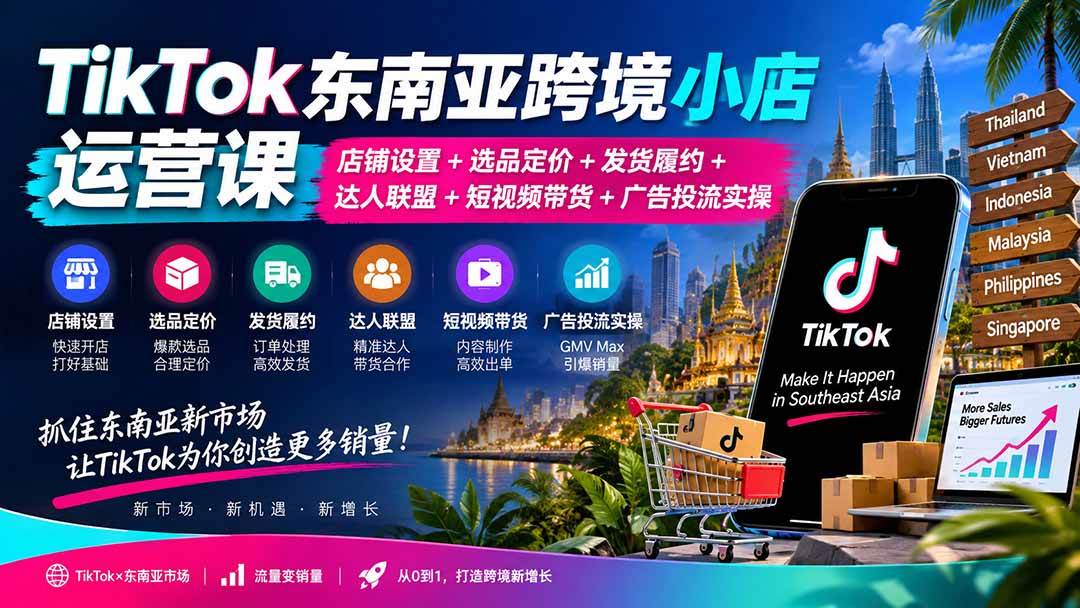 (20483期)TikTok东南亚跨境小店运营课:店铺设置+选品定价+发货履约+达人联盟+短视频带货+广告投流实操-泰戈创艺资源库